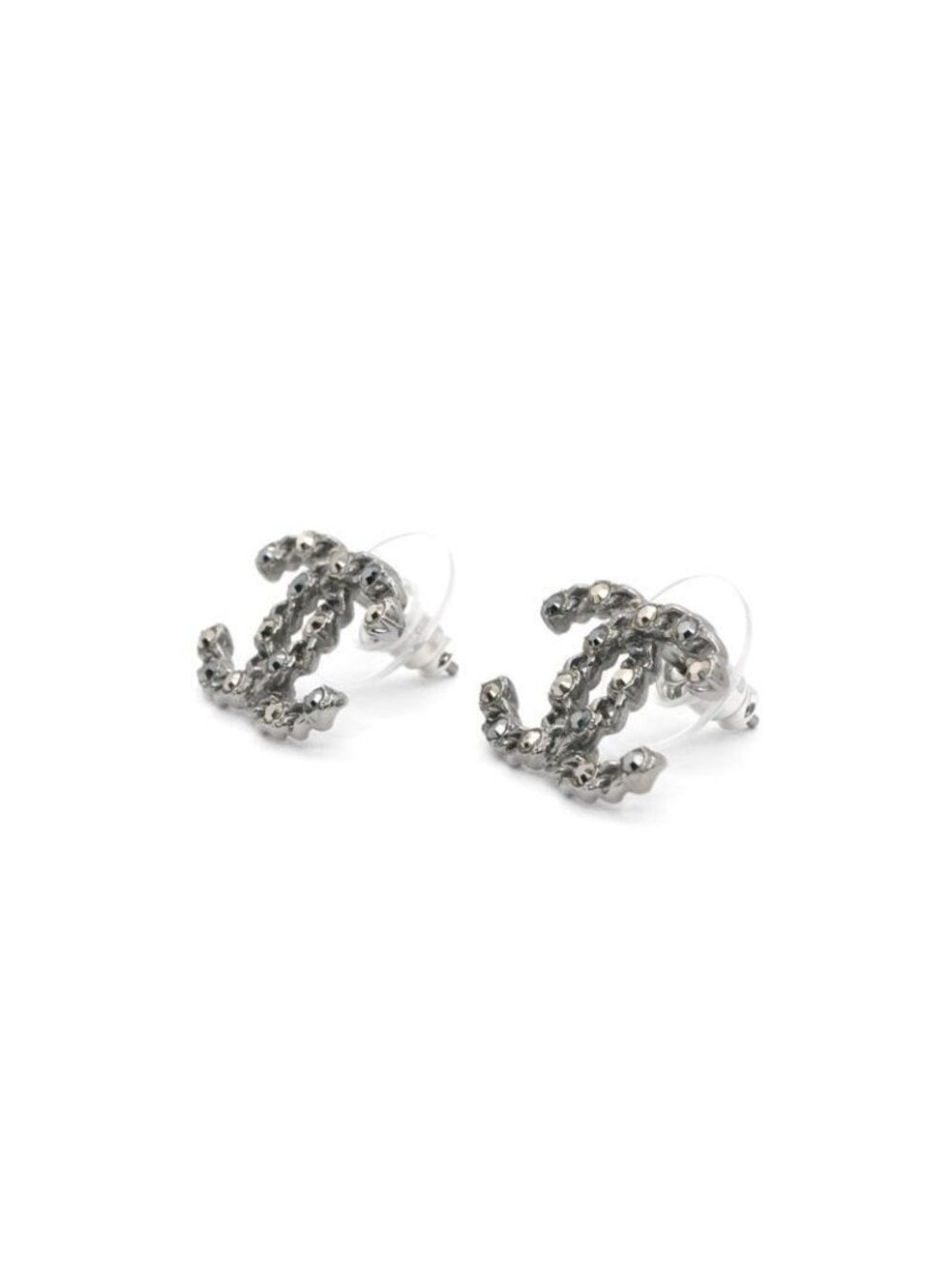 Chanel Earrings Silver Black Coco Mark Rhinestone - Picture 2 of 10